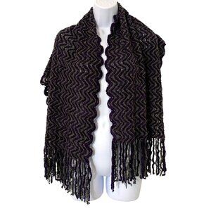 Saks Fifth Avenue Purple & Gray Chevron Knit Fringed Scarf Wrap - Made In Italy